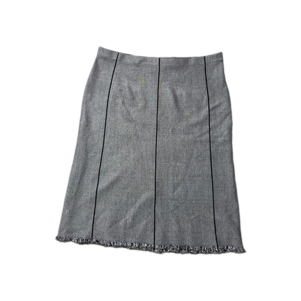 Milano Gray Black Tweed A-Line Skirt Fringe Hem Contrast Piping Sz XL EUC